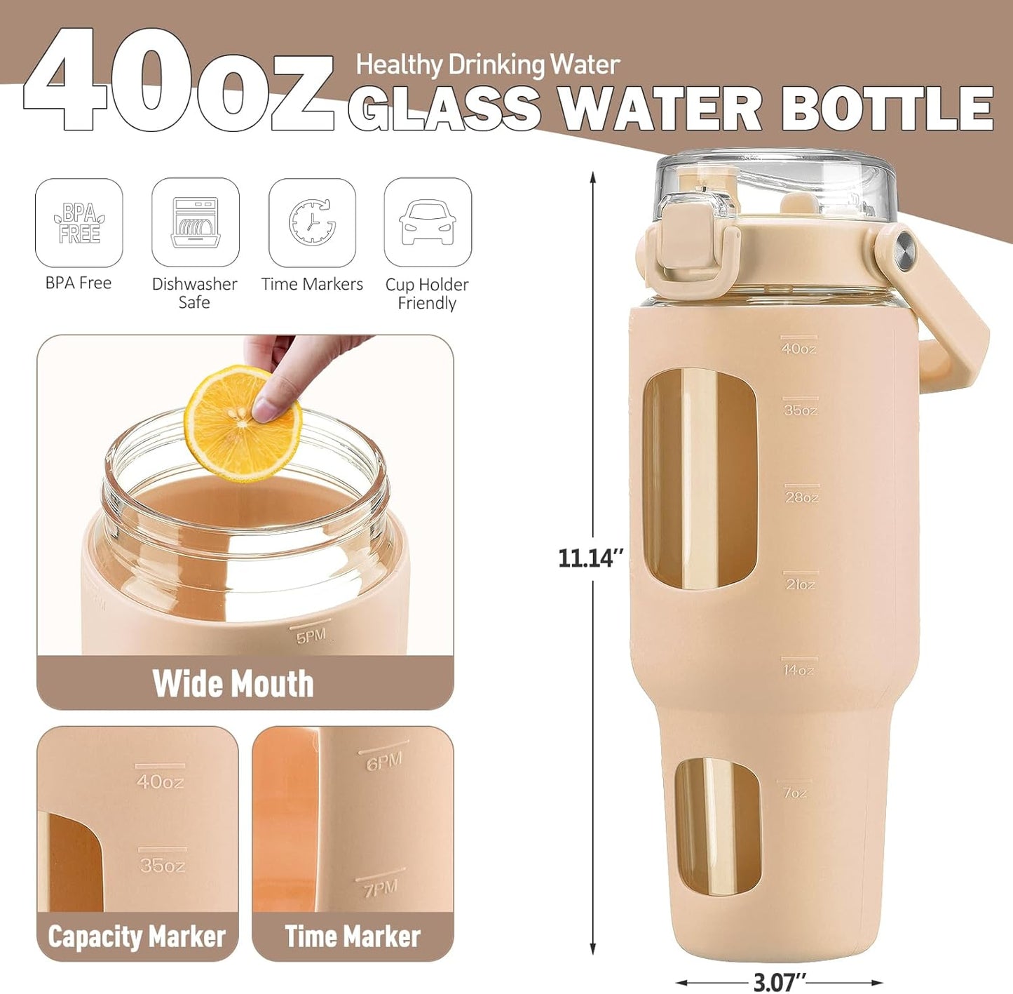32oz Glass Tumbler with Lid and Handle, Iced Coffee Cup with Straws, Glass Water Bottle with Silicone Sleeve and Volume, Marker Glass Cup with Time Marking, BPA Free, Pink