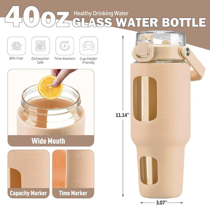 32oz Glass Tumbler with Lid and Handle, Iced Coffee Cup with Straws, Glass Water Bottle with Silicone Sleeve and Volume, Marker Glass Cup with Time Marking, BPA Free, Pink