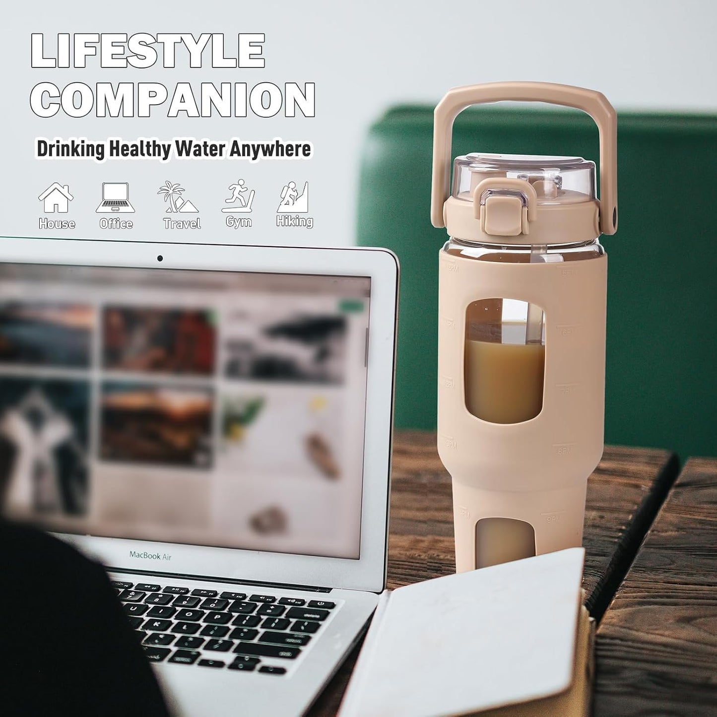 32oz Glass Tumbler with Lid and Handle, Iced Coffee Cup with Straws, Glass Water Bottle with Silicone Sleeve and Volume, Marker Glass Cup with Time Marking, BPA Free, Pink