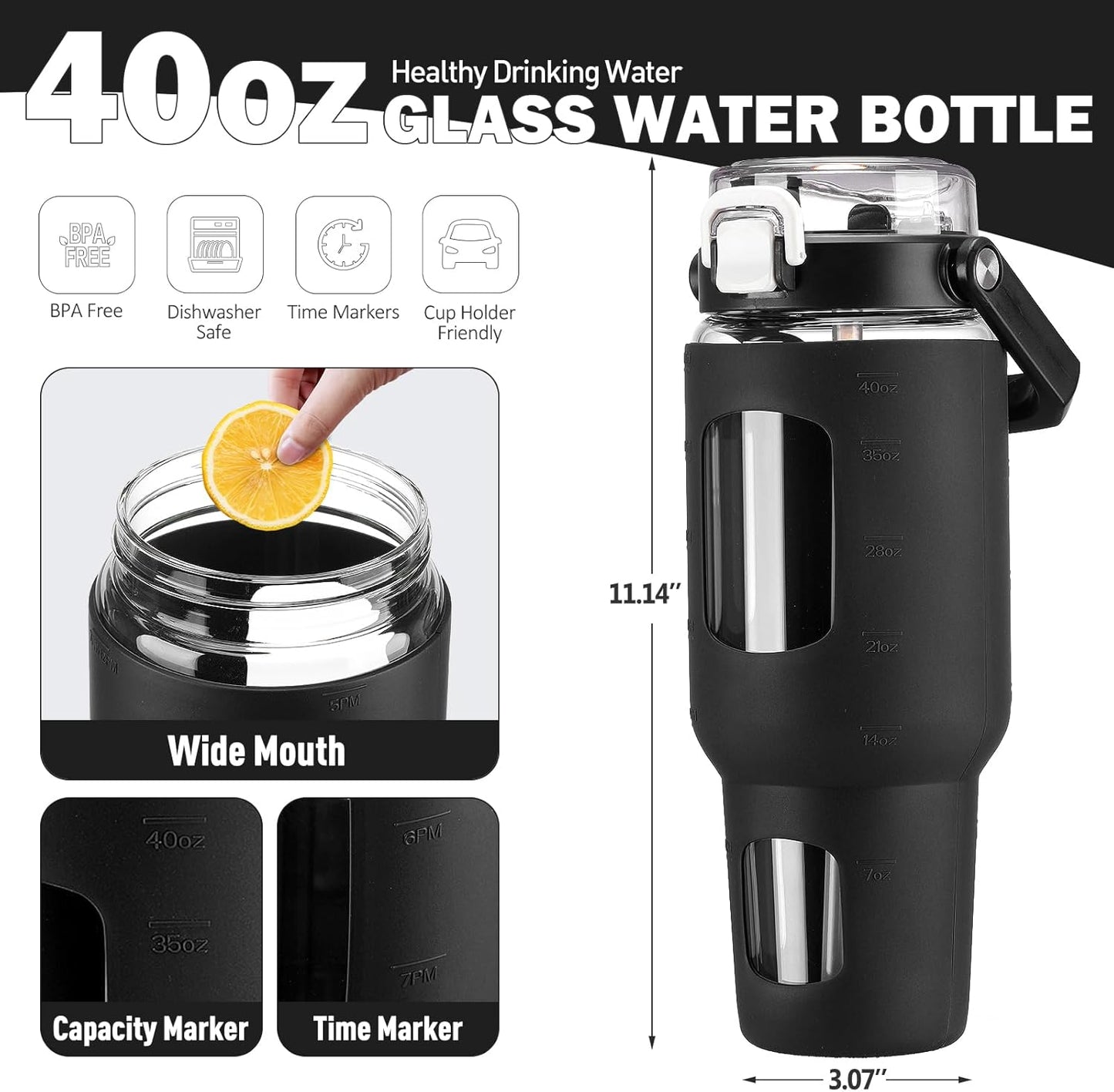 32oz Glass Tumbler with Lid and Handle, Iced Coffee Cup with Straws, Glass Water Bottle with Silicone Sleeve and Volume, Marker Glass Cup with Time Marking, BPA Free, Pink