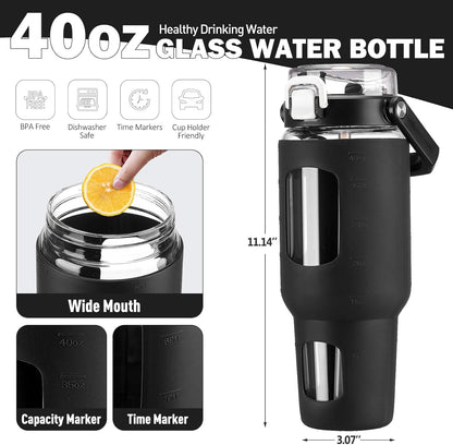32oz Glass Tumbler with Lid and Handle, Iced Coffee Cup with Straws, Glass Water Bottle with Silicone Sleeve and Volume, Marker Glass Cup with Time Marking, BPA Free, Pink