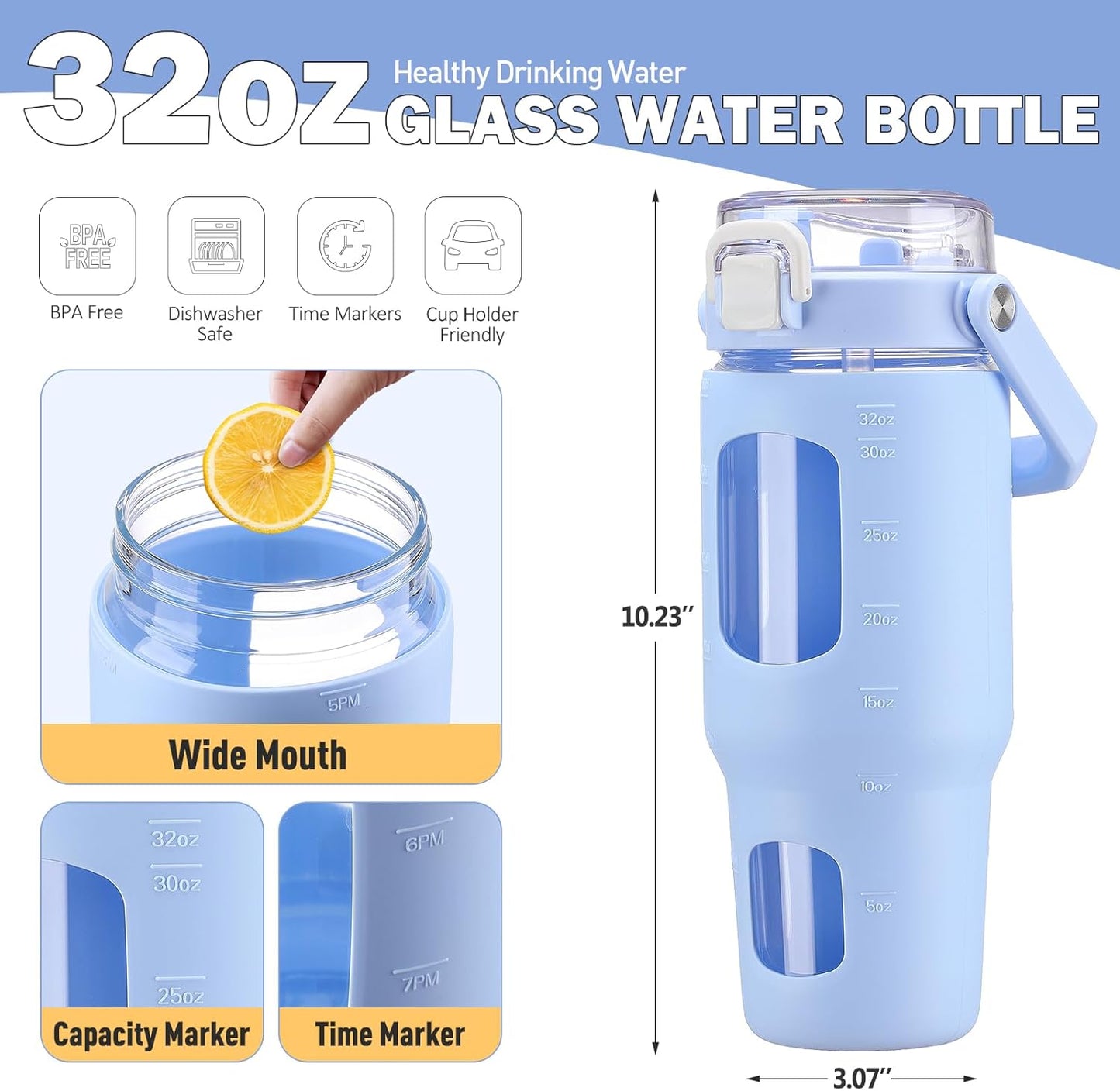 32oz Glass Tumbler with Lid and Handle, Iced Coffee Cup with Straws, Glass Water Bottle with Silicone Sleeve and Volume, Marker Glass Cup with Time Marking, BPA Free, Pink