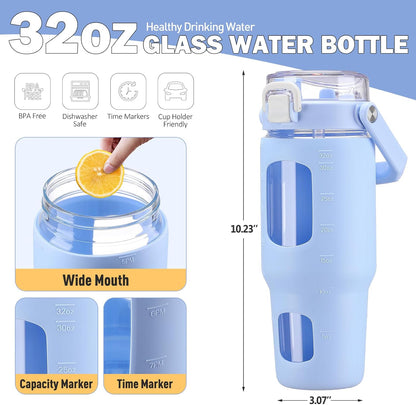 32oz Glass Tumbler with Lid and Handle, Iced Coffee Cup with Straws, Glass Water Bottle with Silicone Sleeve and Volume, Marker Glass Cup with Time Marking, BPA Free, Pink