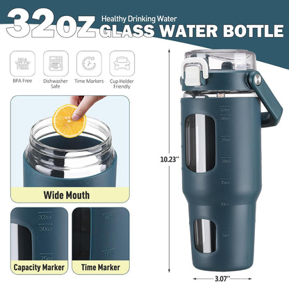 32oz Glass Tumbler with Lid and Handle, Iced Coffee Cup with Straws, Glass Water Bottle with Silicone Sleeve and Volume, Marker Glass Cup with Time Marking, BPA Free, Pink