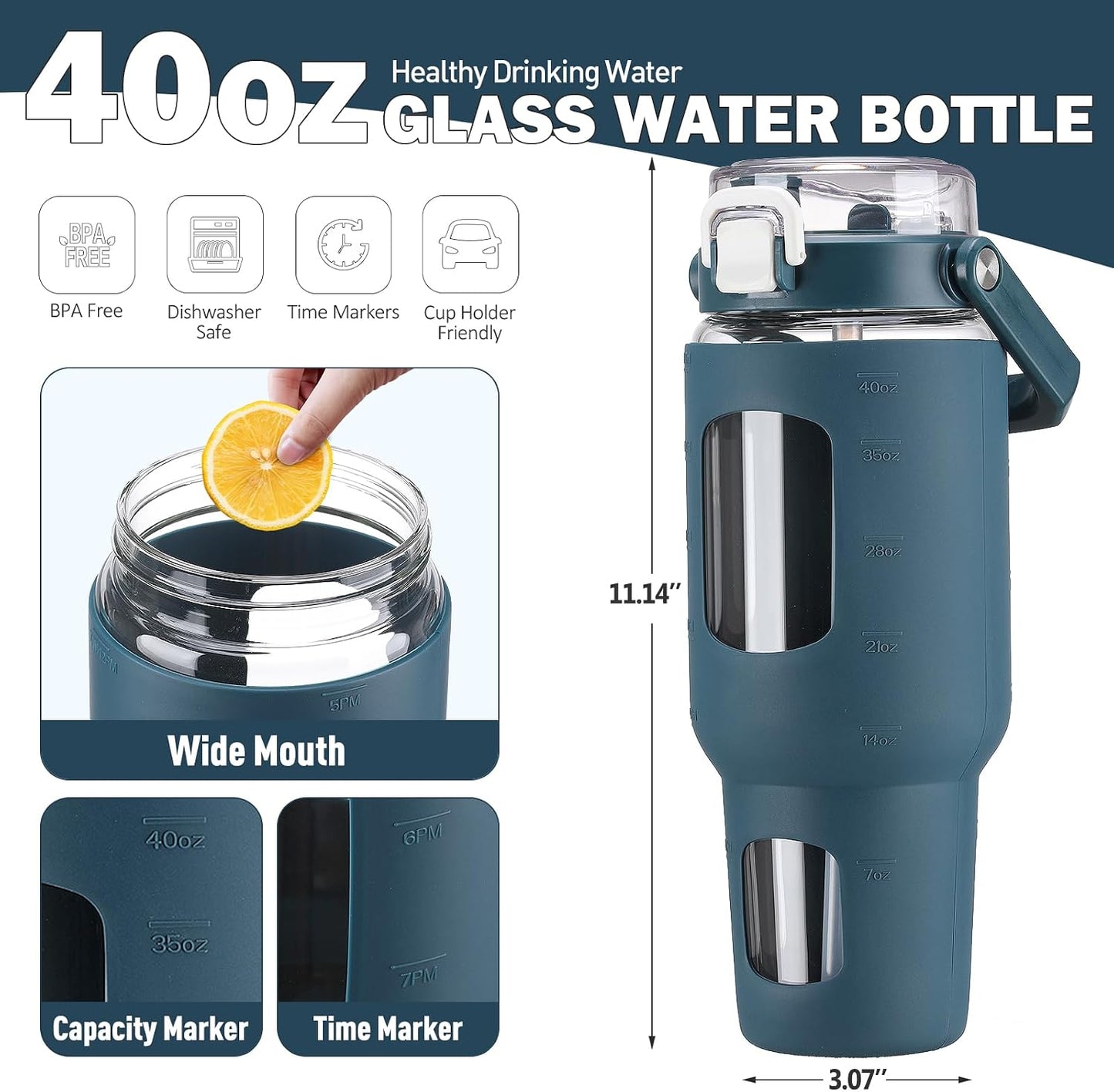 32oz Glass Tumbler with Lid and Handle, Iced Coffee Cup with Straws, Glass Water Bottle with Silicone Sleeve and Volume, Marker Glass Cup with Time Marking, BPA Free, Pink
