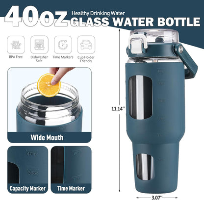32oz Glass Tumbler with Lid and Handle, Iced Coffee Cup with Straws, Glass Water Bottle with Silicone Sleeve and Volume, Marker Glass Cup with Time Marking, BPA Free, Pink