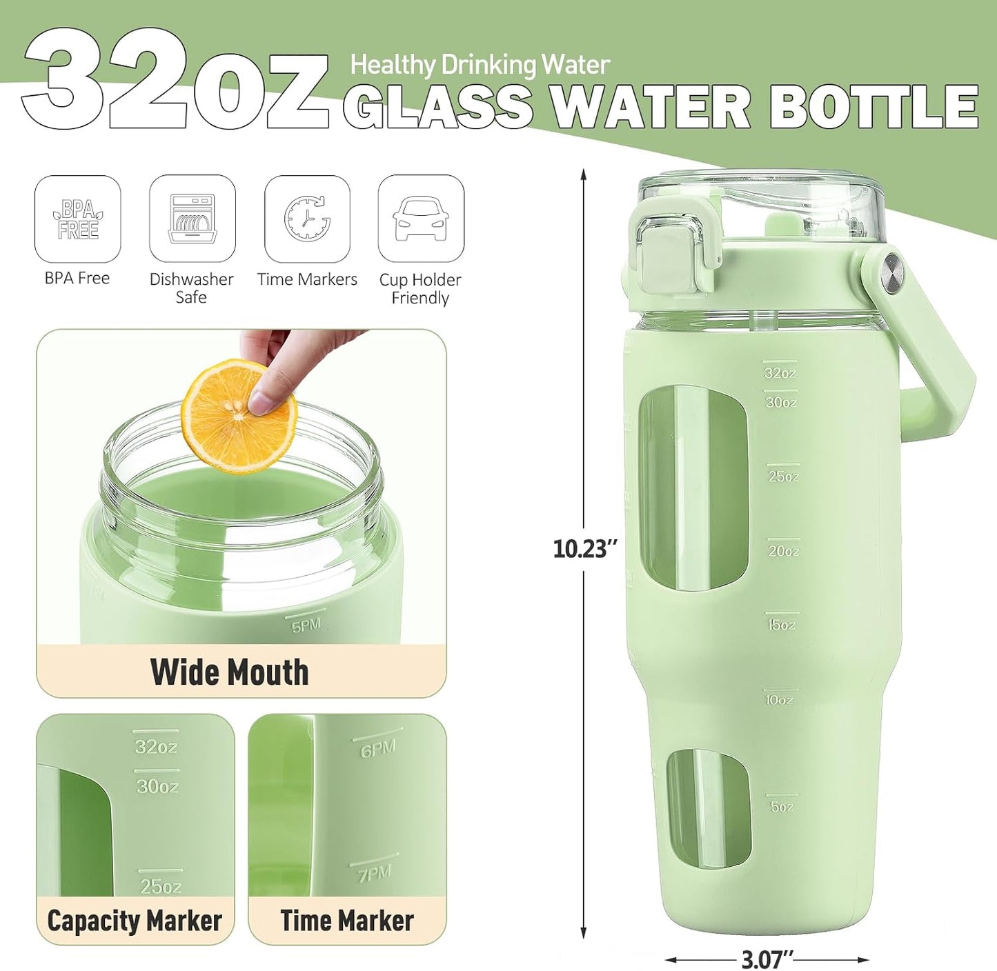 32oz Glass Tumbler with Lid and Handle, Iced Coffee Cup with Straws, Glass Water Bottle with Silicone Sleeve and Volume, Marker Glass Cup with Time Marking, BPA Free, Pink