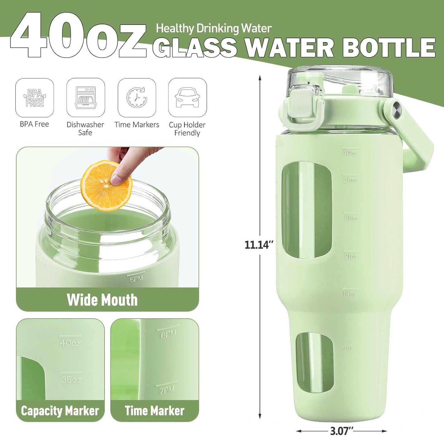 32oz Glass Tumbler with Lid and Handle, Iced Coffee Cup with Straws, Glass Water Bottle with Silicone Sleeve and Volume, Marker Glass Cup with Time Marking, BPA Free, Pink
