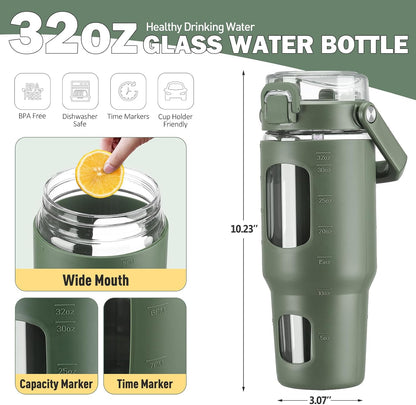 32oz Glass Tumbler with Lid and Handle, Iced Coffee Cup with Straws, Glass Water Bottle with Silicone Sleeve and Volume, Marker Glass Cup with Time Marking, BPA Free, Pink