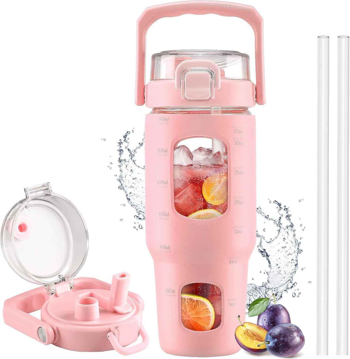 32oz Glass Tumbler with Lid and Handle, Iced Coffee Cup with Straws, Glass Water Bottle with Silicone Sleeve and Volume, Marker Glass Cup with Time Marking, BPA Free, Pink