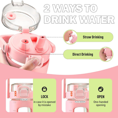 32oz Glass Tumbler with Lid and Handle, Iced Coffee Cup with Straws, Glass Water Bottle with Silicone Sleeve and Volume, Marker Glass Cup with Time Marking, BPA Free, Pink