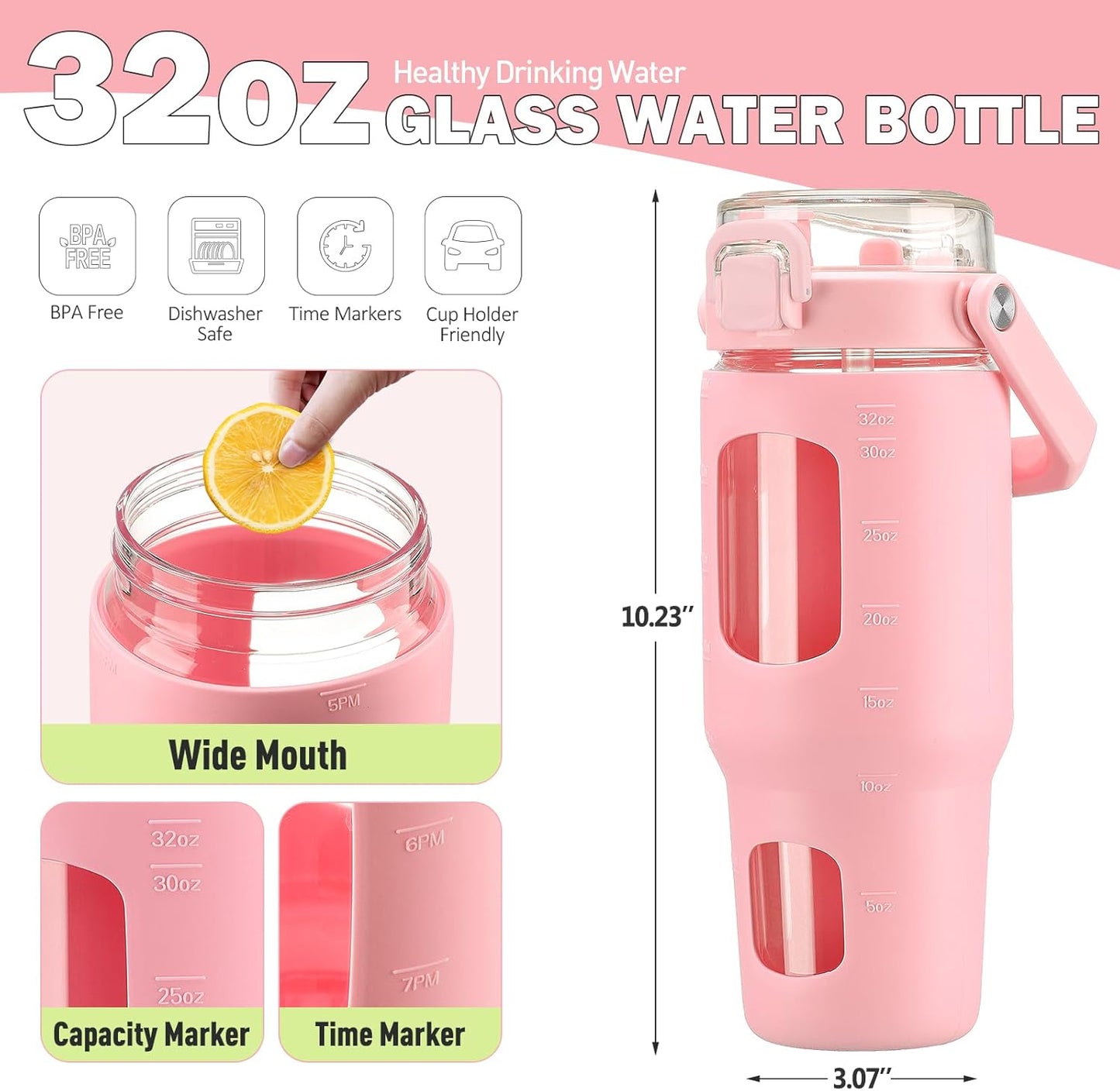 32oz Glass Tumbler with Lid and Handle, Iced Coffee Cup with Straws, Glass Water Bottle with Silicone Sleeve and Volume, Marker Glass Cup with Time Marking, BPA Free, Pink