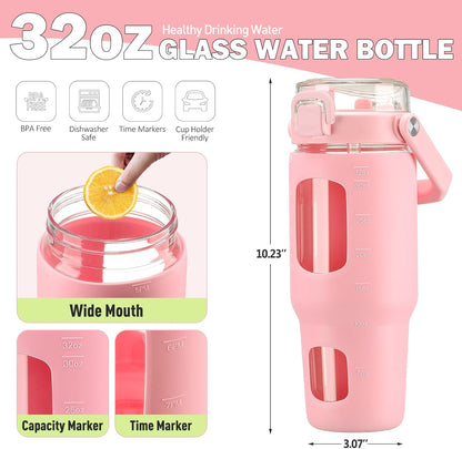 32oz Glass Tumbler with Lid and Handle, Iced Coffee Cup with Straws, Glass Water Bottle with Silicone Sleeve and Volume, Marker Glass Cup with Time Marking, BPA Free, Pink