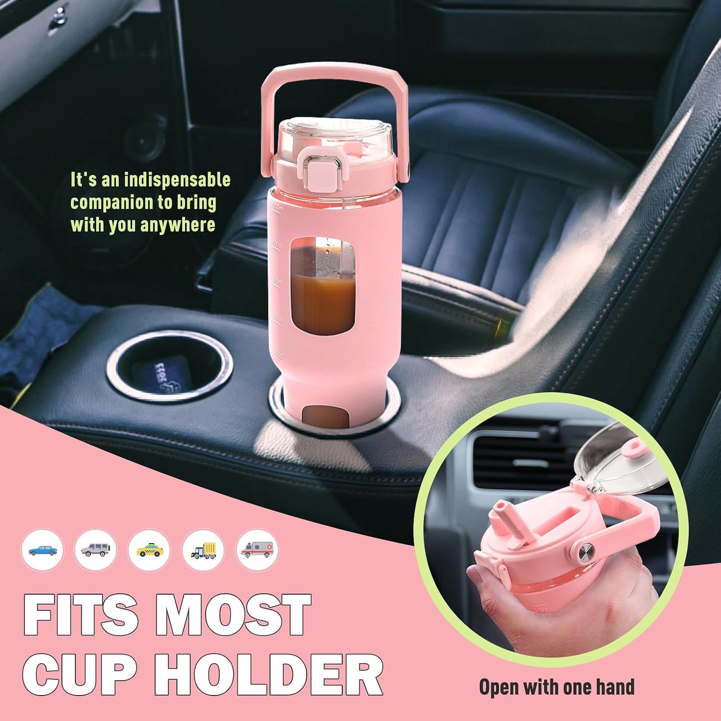 32oz Glass Tumbler with Lid and Handle, Iced Coffee Cup with Straws, Glass Water Bottle with Silicone Sleeve and Volume, Marker Glass Cup with Time Marking, BPA Free, Pink