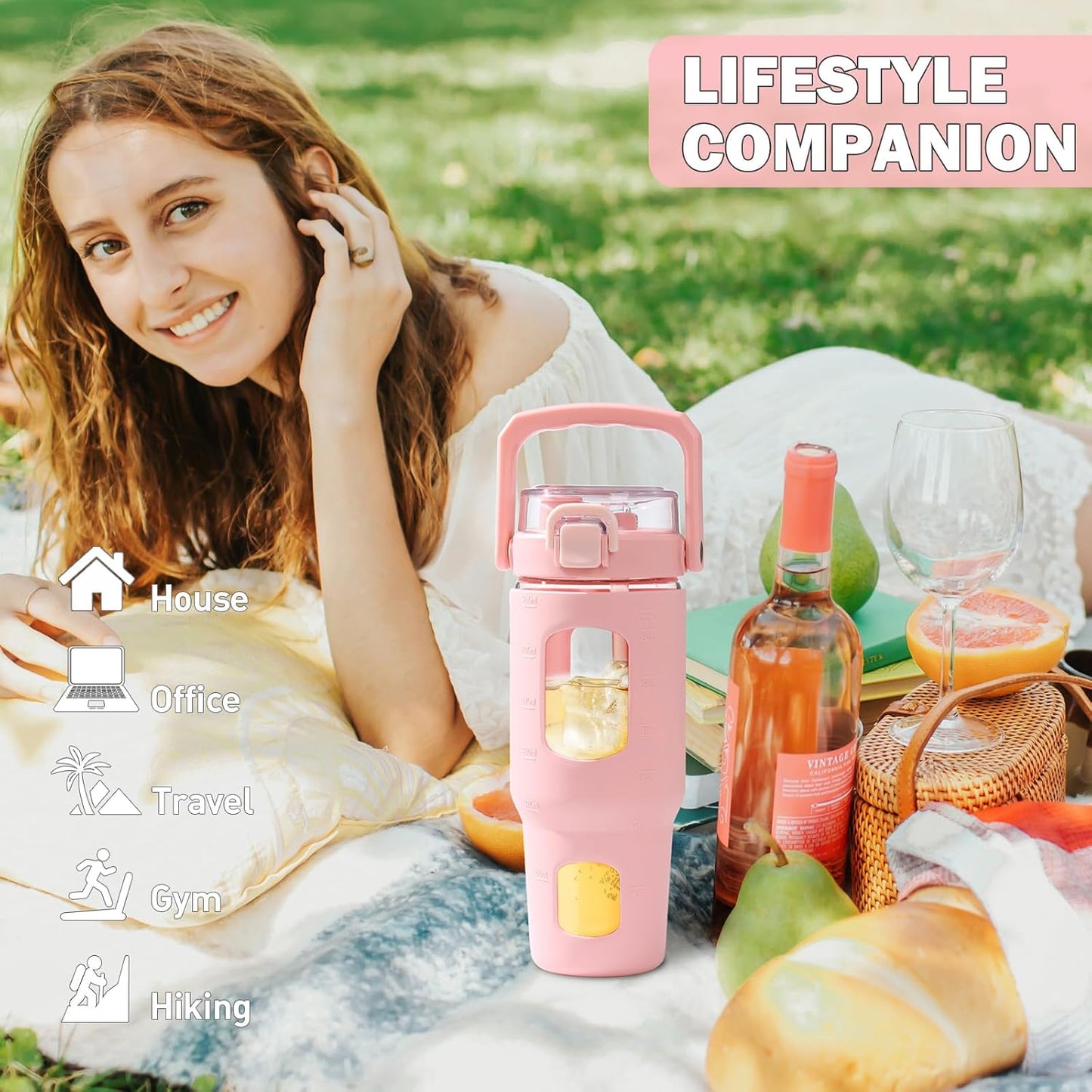32oz Glass Tumbler with Lid and Handle, Iced Coffee Cup with Straws, Glass Water Bottle with Silicone Sleeve and Volume, Marker Glass Cup with Time Marking, BPA Free, Pink