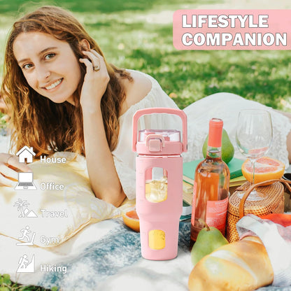 32oz Glass Tumbler with Lid and Handle, Iced Coffee Cup with Straws, Glass Water Bottle with Silicone Sleeve and Volume, Marker Glass Cup with Time Marking, BPA Free, Pink