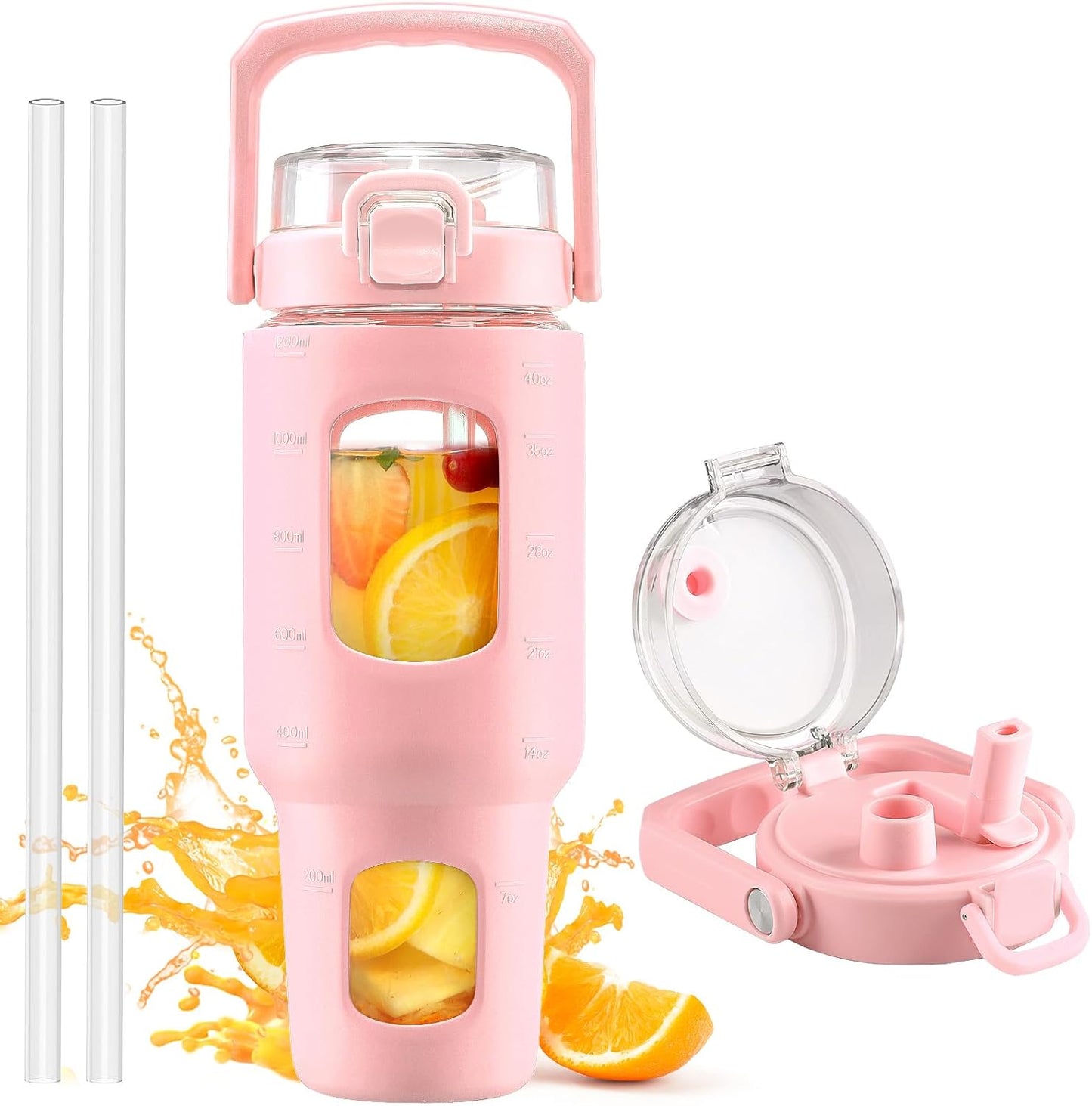 32oz Glass Tumbler with Lid and Handle, Iced Coffee Cup with Straws, Glass Water Bottle with Silicone Sleeve and Volume, Marker Glass Cup with Time Marking, BPA Free, Pink