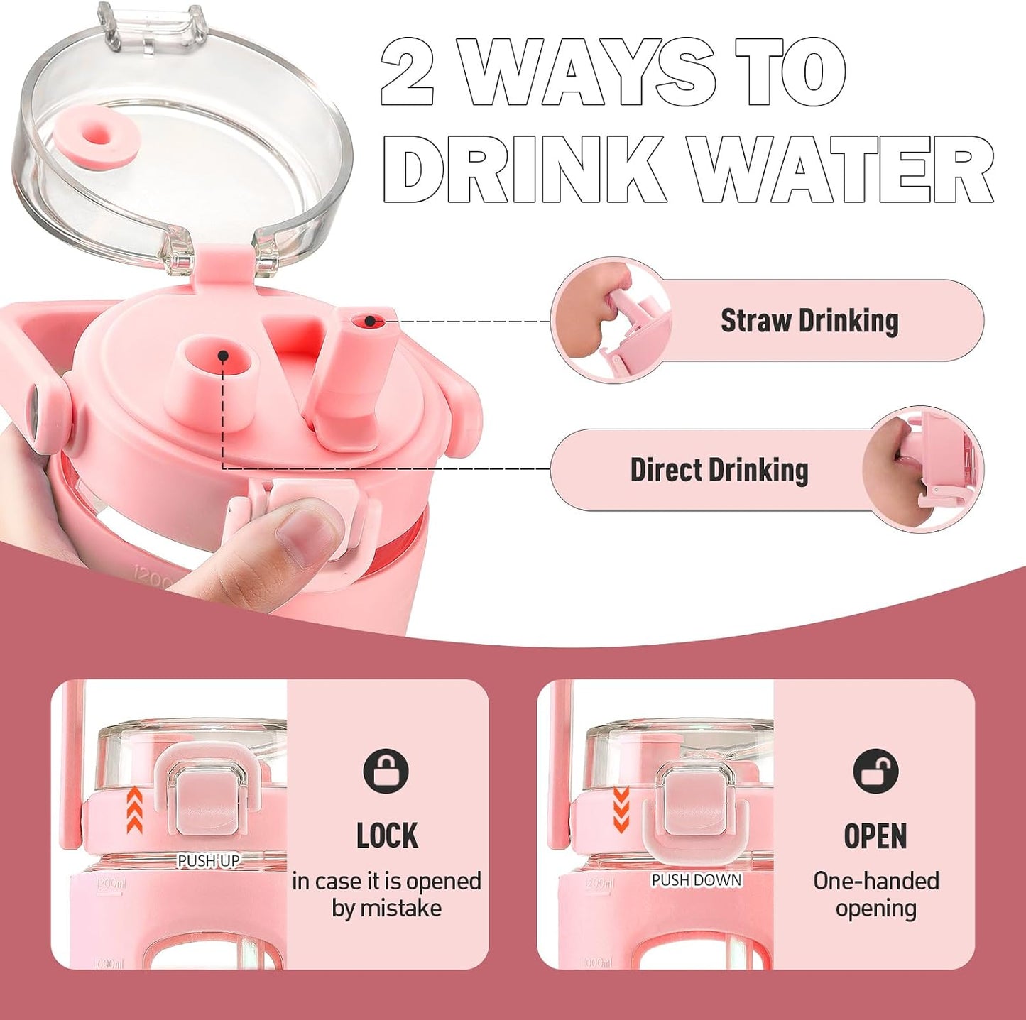 32oz Glass Tumbler with Lid and Handle, Iced Coffee Cup with Straws, Glass Water Bottle with Silicone Sleeve and Volume, Marker Glass Cup with Time Marking, BPA Free, Pink