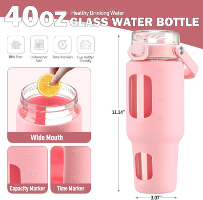 32oz Glass Tumbler with Lid and Handle, Iced Coffee Cup with Straws, Glass Water Bottle with Silicone Sleeve and Volume, Marker Glass Cup with Time Marking, BPA Free, Pink