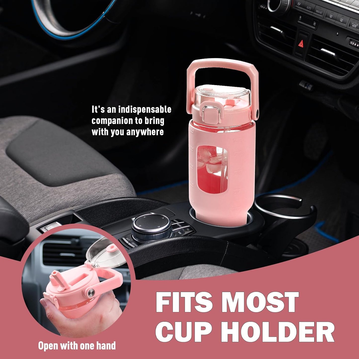 32oz Glass Tumbler with Lid and Handle, Iced Coffee Cup with Straws, Glass Water Bottle with Silicone Sleeve and Volume, Marker Glass Cup with Time Marking, BPA Free, Pink