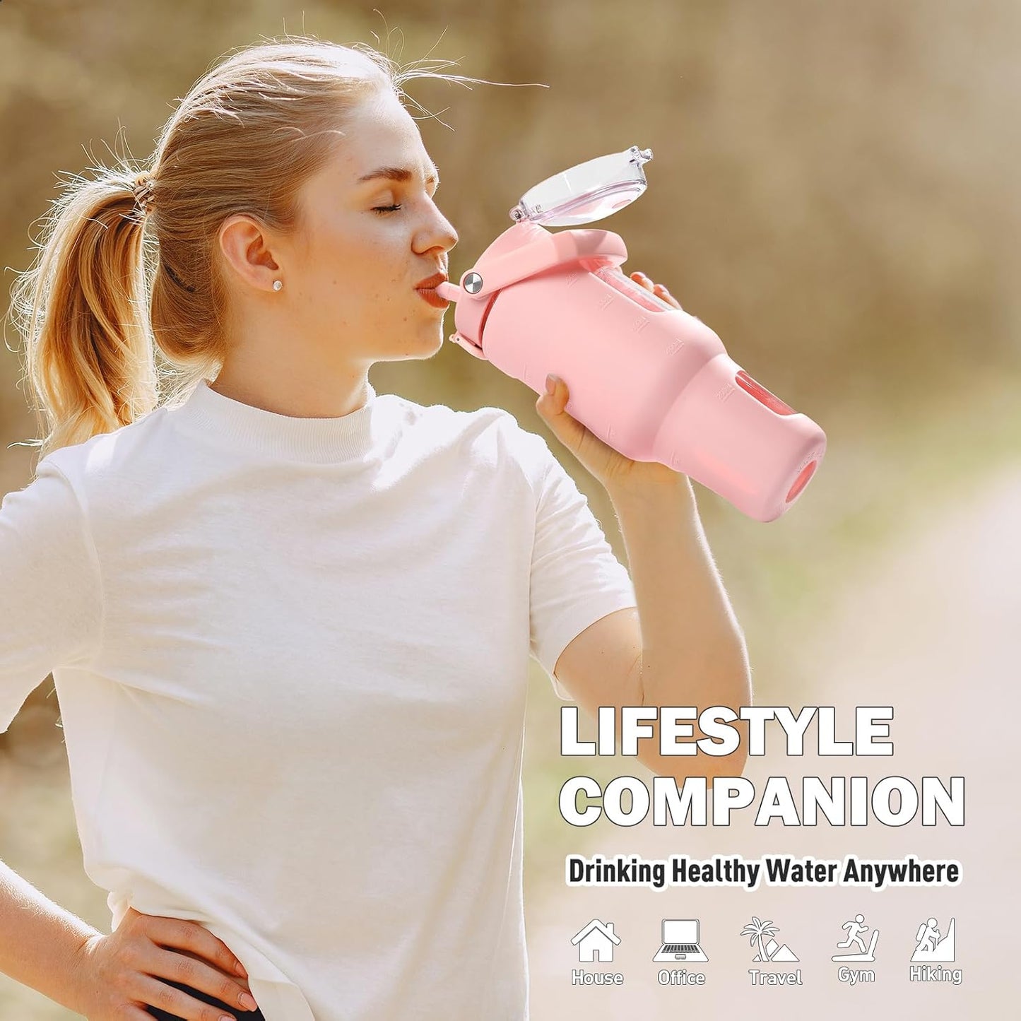 32oz Glass Tumbler with Lid and Handle, Iced Coffee Cup with Straws, Glass Water Bottle with Silicone Sleeve and Volume, Marker Glass Cup with Time Marking, BPA Free, Pink