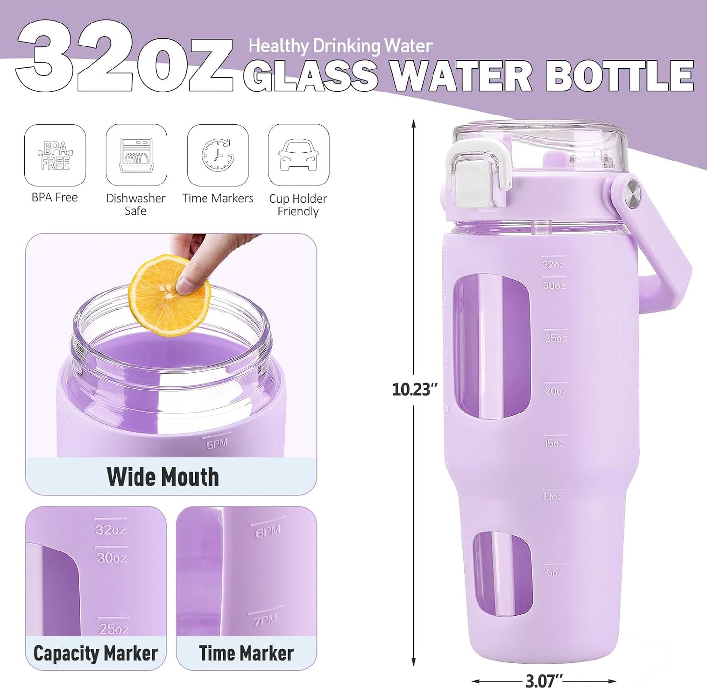 32oz Glass Tumbler with Lid and Handle, Iced Coffee Cup with Straws, Glass Water Bottle with Silicone Sleeve and Volume, Marker Glass Cup with Time Marking, BPA Free, Pink