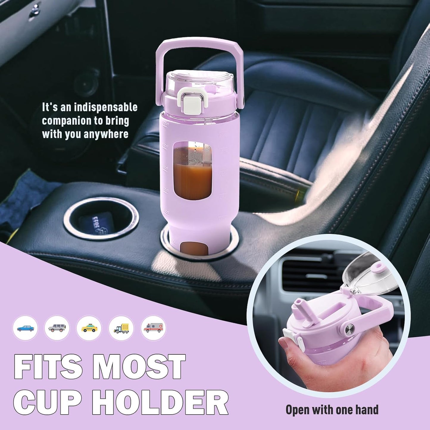 32oz Glass Tumbler with Lid and Handle, Iced Coffee Cup with Straws, Glass Water Bottle with Silicone Sleeve and Volume, Marker Glass Cup with Time Marking, BPA Free, Pink