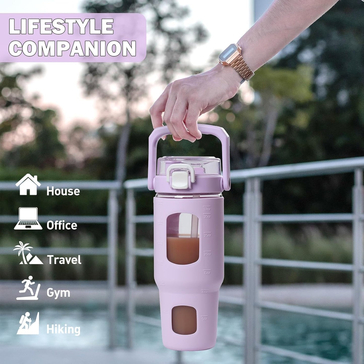 32oz Glass Tumbler with Lid and Handle, Iced Coffee Cup with Straws, Glass Water Bottle with Silicone Sleeve and Volume, Marker Glass Cup with Time Marking, BPA Free, Pink
