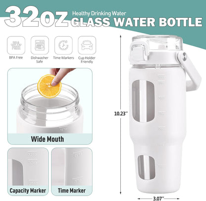 32oz Glass Tumbler with Lid and Handle, Iced Coffee Cup with Straws, Glass Water Bottle with Silicone Sleeve and Volume, Marker Glass Cup with Time Marking, BPA Free, Pink