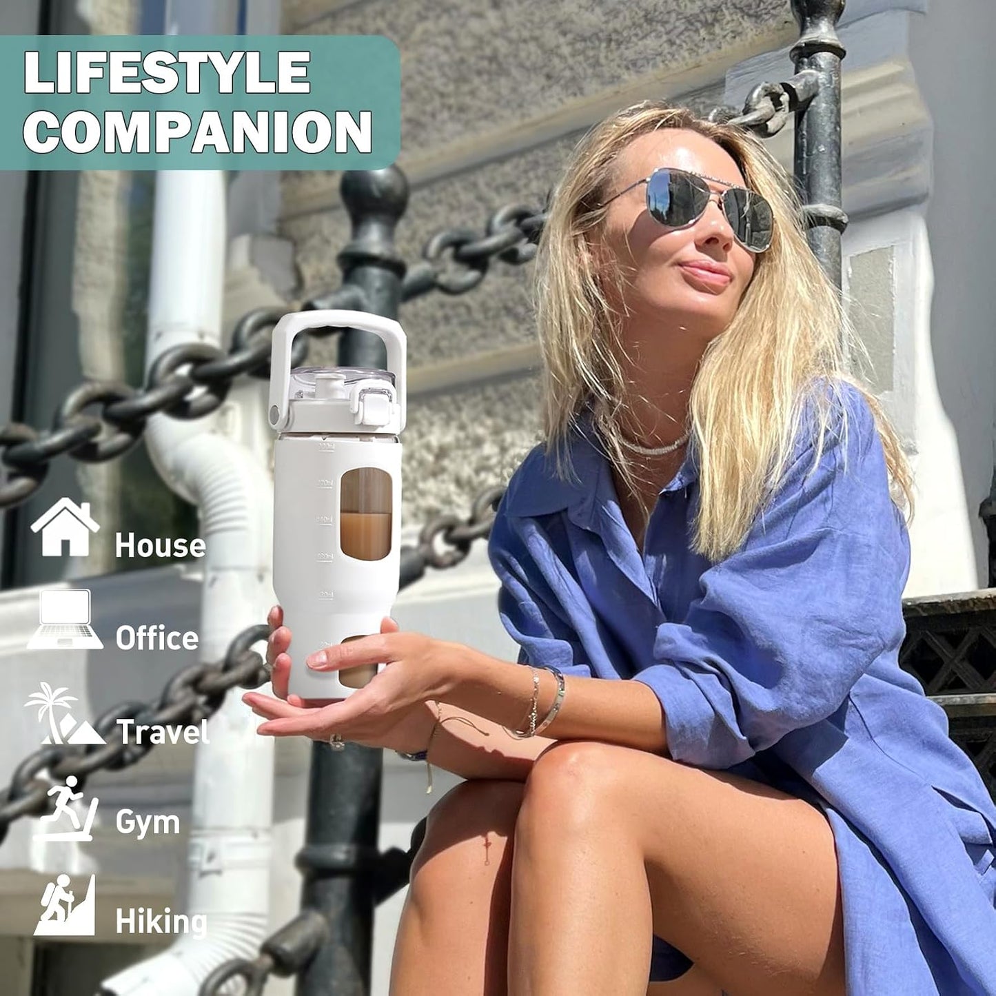 32oz Glass Tumbler with Lid and Handle, Iced Coffee Cup with Straws, Glass Water Bottle with Silicone Sleeve and Volume, Marker Glass Cup with Time Marking, BPA Free, Pink