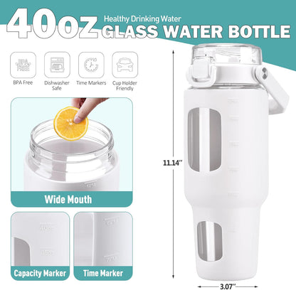32oz Glass Tumbler with Lid and Handle, Iced Coffee Cup with Straws, Glass Water Bottle with Silicone Sleeve and Volume, Marker Glass Cup with Time Marking, BPA Free, Pink