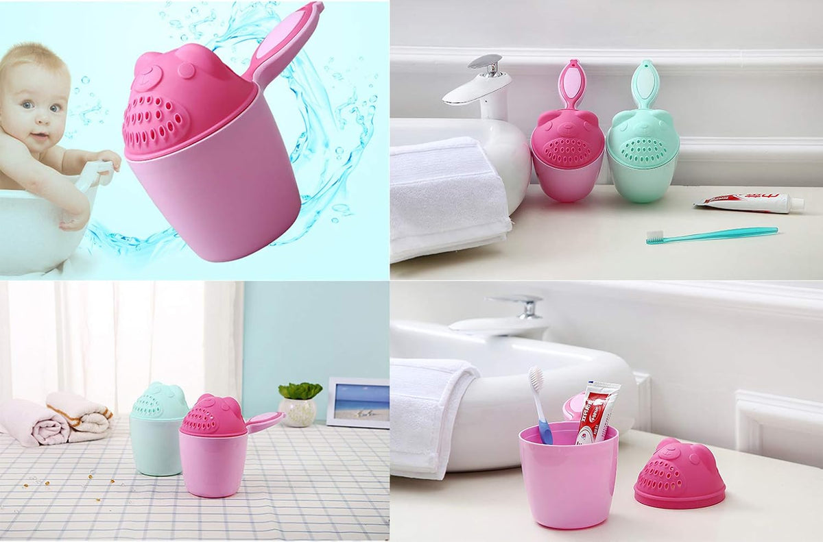 Baby Bath Rinse Cup with Bear Design for Rinsing Hair and Protecting Infant Eyes (Pink)