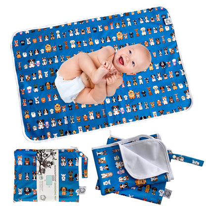 Waterproof Baby Changing Pad with Storage Bag (43.3" X 28.7") Washable Wipeable Reusable Leak Proof Diaper Travel Mat Station Changing Mattress Liner Cribs Bed Cover, Dog Family