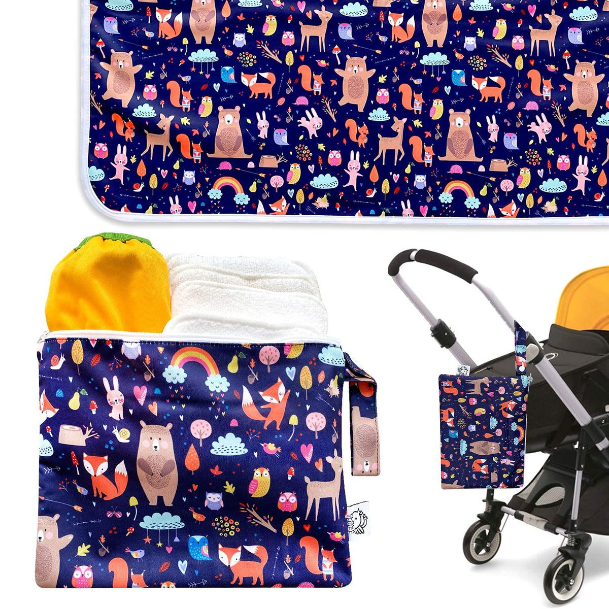 Waterproof Baby Changing Pad with Storage Bag (43.3" X 28.7") Washable Wipeable Reusable Leak Proof Diaper Travel Mat Station Changing Mattress Liner Cribs Bed Cover, Dog Family
