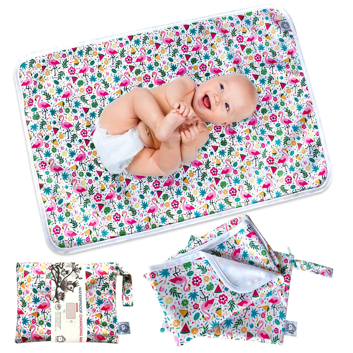 Waterproof Baby Changing Pad with Storage Bag (43.3" X 28.7") Washable Wipeable Reusable Leak Proof Diaper Travel Mat Station Changing Mattress Liner Cribs Bed Cover, Dog Family