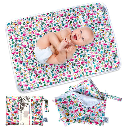 Waterproof Baby Changing Pad with Storage Bag (43.3" X 28.7") Washable Wipeable Reusable Leak Proof Diaper Travel Mat Station Changing Mattress Liner Cribs Bed Cover, Dog Family