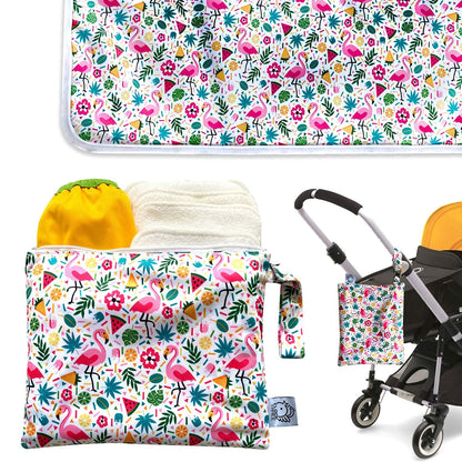 Waterproof Baby Changing Pad with Storage Bag (43.3" X 28.7") Washable Wipeable Reusable Leak Proof Diaper Travel Mat Station Changing Mattress Liner Cribs Bed Cover, Dog Family