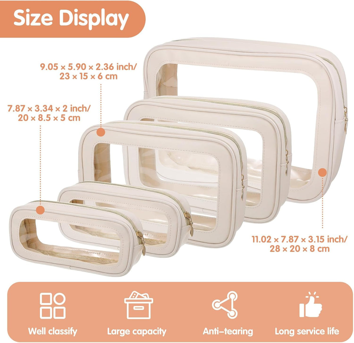 5PCS Diaper Bag Organizer Pouch Set Waterproof Travel Makeup Bag for Women, Clear Cosmetic Toiletry Bags with Zipper 3 Size Purse Organizer Pouches Necessaire Valentines Day Gifts(White)