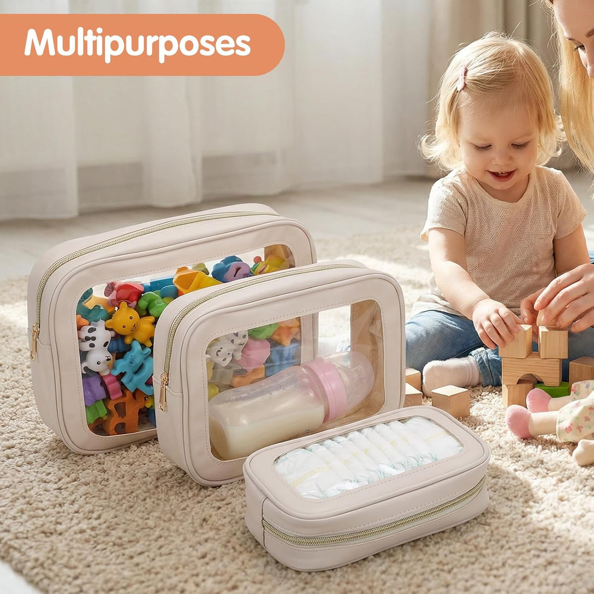 5PCS Diaper Bag Organizer Pouch Set Waterproof Travel Makeup Bag for Women, Clear Cosmetic Toiletry Bags with Zipper 3 Size Purse Organizer Pouches Necessaire Valentines Day Gifts(White)