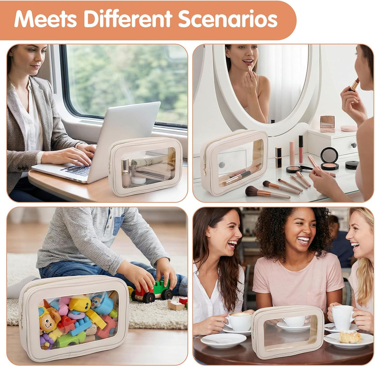 5PCS Diaper Bag Organizer Pouch Set Waterproof Travel Makeup Bag for Women, Clear Cosmetic Toiletry Bags with Zipper 3 Size Purse Organizer Pouches Necessaire Valentines Day Gifts(White)