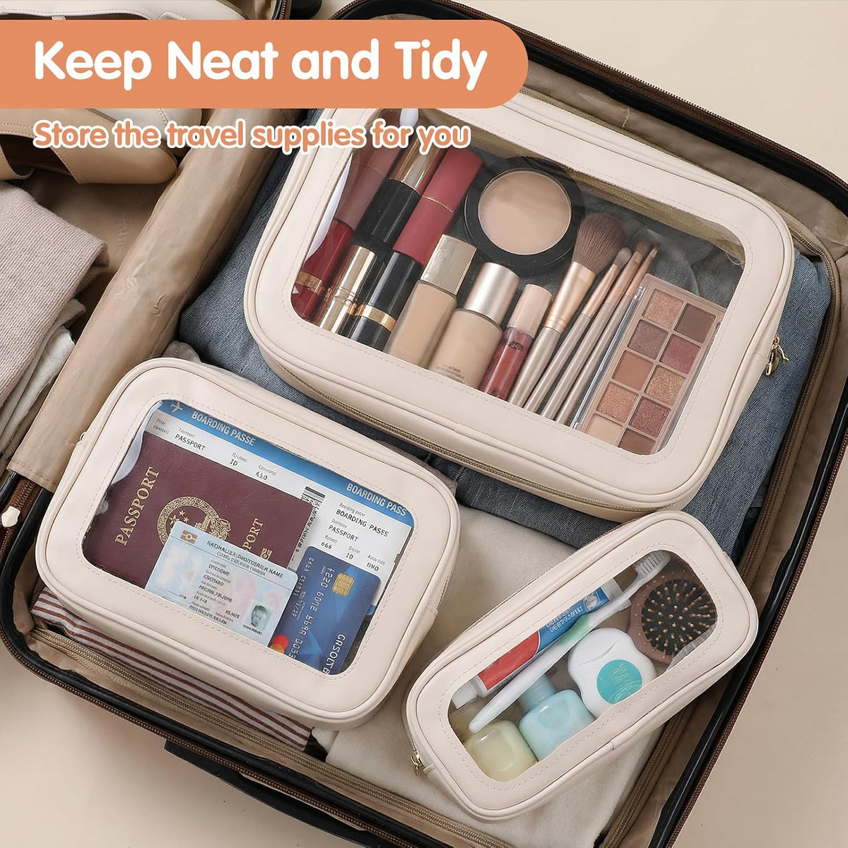 5PCS Diaper Bag Organizer Pouch Set Waterproof Travel Makeup Bag for Women, Clear Cosmetic Toiletry Bags with Zipper 3 Size Purse Organizer Pouches Necessaire Valentines Day Gifts(White)
