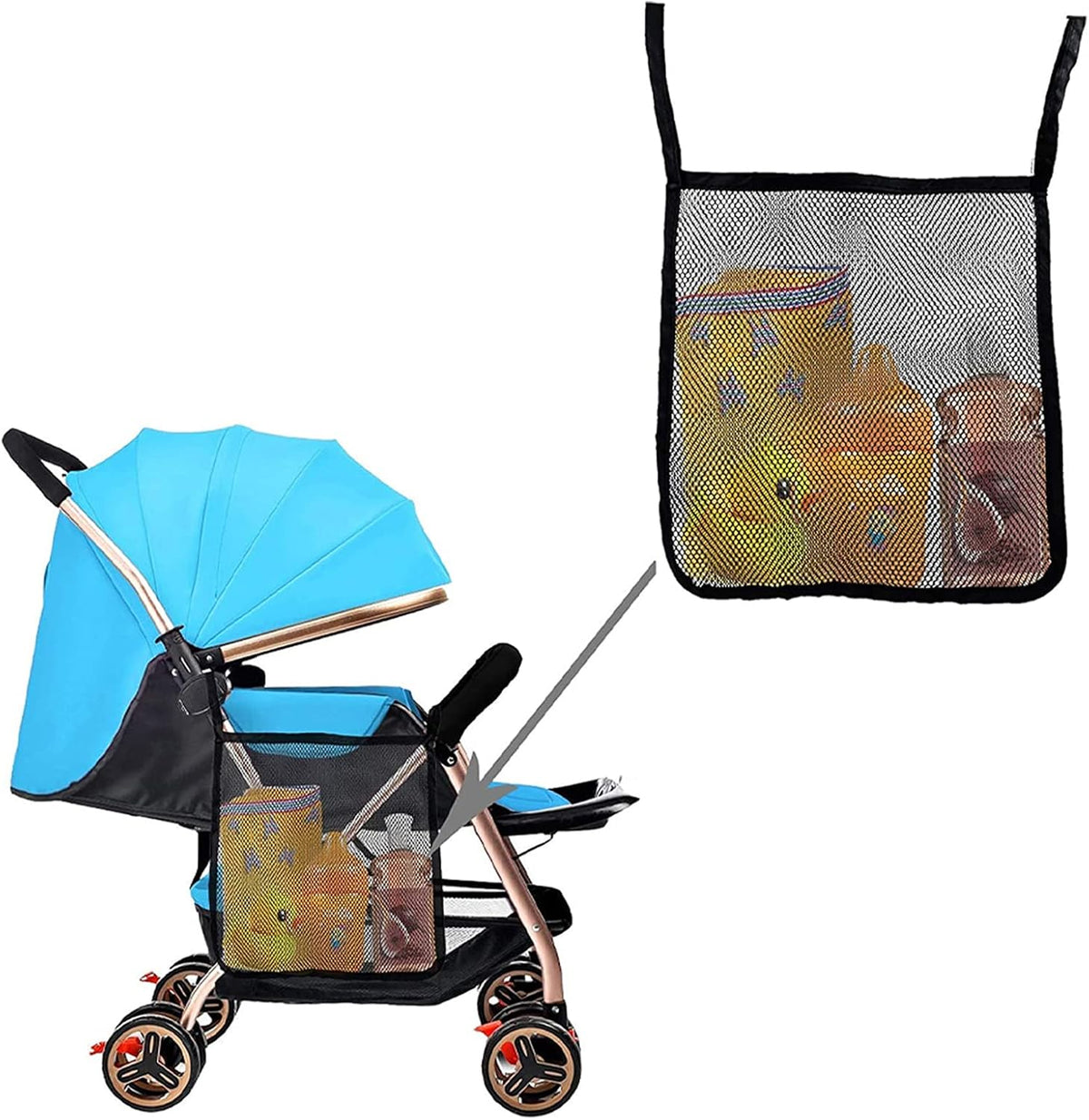 2 Pack Portable Stroller Hanging Bag, Baby Stroller Organizer, Multifunctional Large Capacity Storage Container Bag for Diaper Bottle Toy, Stroller Hanging Storage Net Bag