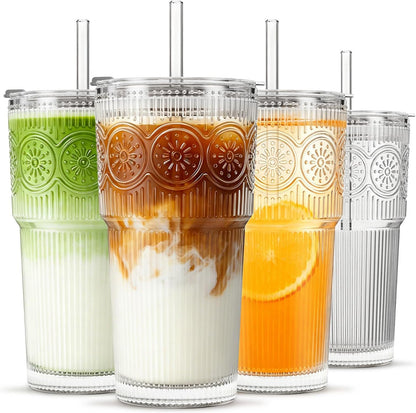 20oz Ribbed & Floral Glass Tumblers with Lids and Straws, Set of 2 – Clear Iced Coffee Cups, Reusable Drinking Glasses for Water, Smoothies, Tea, and Juice – Perfect for Travel & Daily Use