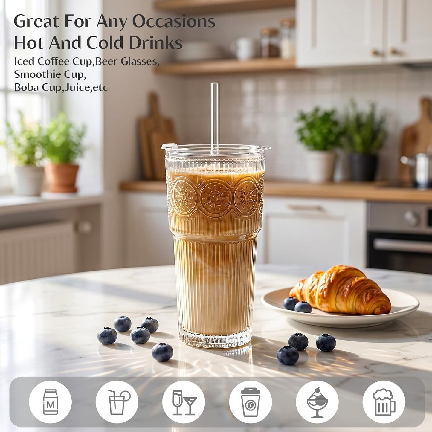 20oz Ribbed & Floral Glass Tumblers with Lids and Straws, Set of 2 – Clear Iced Coffee Cups, Reusable Drinking Glasses for Water, Smoothies, Tea, and Juice – Perfect for Travel & Daily Use