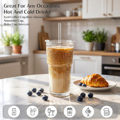 20oz Ribbed & Floral Glass Tumblers with Lids and Straws, Set of 2 – Clear Iced Coffee Cups, Reusable Drinking Glasses for Water, Smoothies, Tea, and Juice – Perfect for Travel & Daily Use