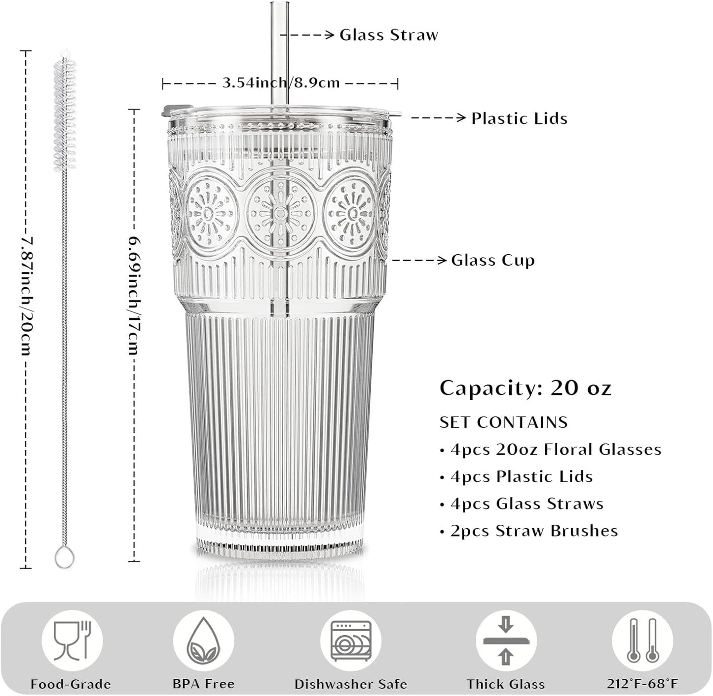 20oz Ribbed & Floral Glass Tumblers with Lids and Straws, Set of 2 – Clear Iced Coffee Cups, Reusable Drinking Glasses for Water, Smoothies, Tea, and Juice – Perfect for Travel & Daily Use