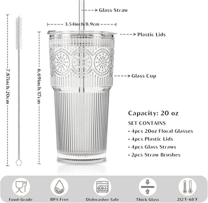 20oz Ribbed & Floral Glass Tumblers with Lids and Straws, Set of 2 – Clear Iced Coffee Cups, Reusable Drinking Glasses for Water, Smoothies, Tea, and Juice – Perfect for Travel & Daily Use