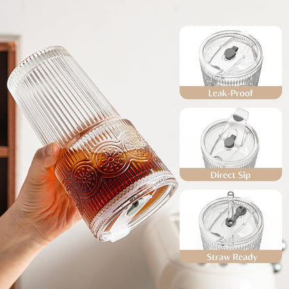 20oz Ribbed & Floral Glass Tumblers with Lids and Straws, Set of 2 – Clear Iced Coffee Cups, Reusable Drinking Glasses for Water, Smoothies, Tea, and Juice – Perfect for Travel & Daily Use