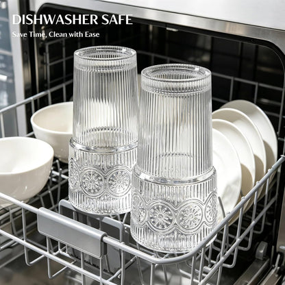 20oz Ribbed & Floral Glass Tumblers with Lids and Straws, Set of 2 – Clear Iced Coffee Cups, Reusable Drinking Glasses for Water, Smoothies, Tea, and Juice – Perfect for Travel & Daily Use