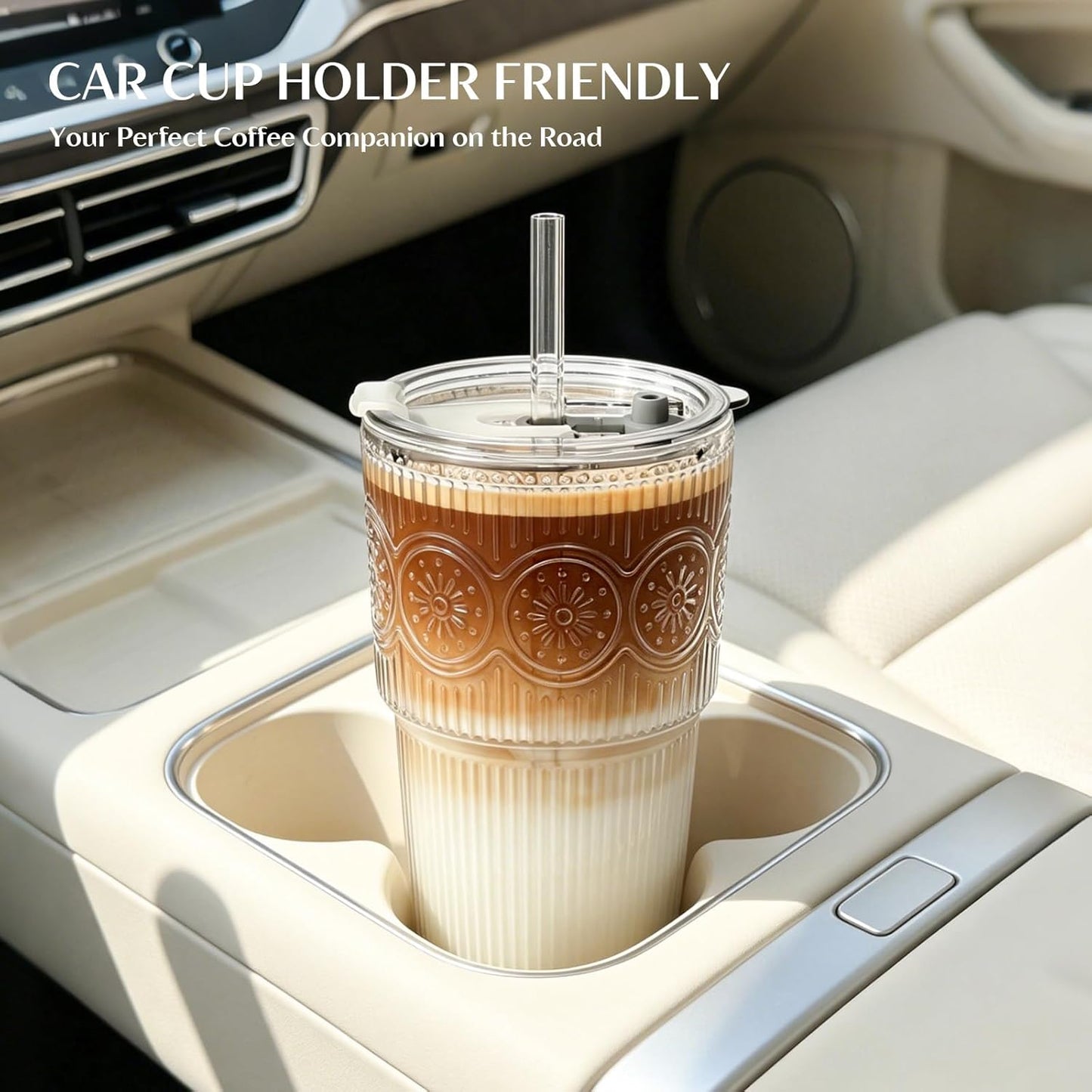 20oz Ribbed & Floral Glass Tumblers with Lids and Straws, Set of 2 – Clear Iced Coffee Cups, Reusable Drinking Glasses for Water, Smoothies, Tea, and Juice – Perfect for Travel & Daily Use